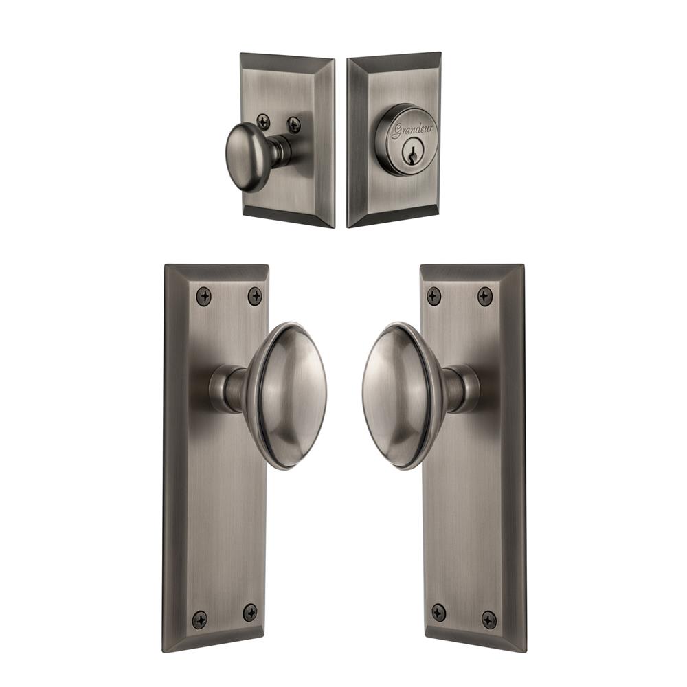 Grandeur by Nostalgic Warehouse Single Cylinder Combo Pack Keyed Differently - Fifth Avenue Plate with Eden Prairie Knob and Matching Deadbolt in Antique Pewter
